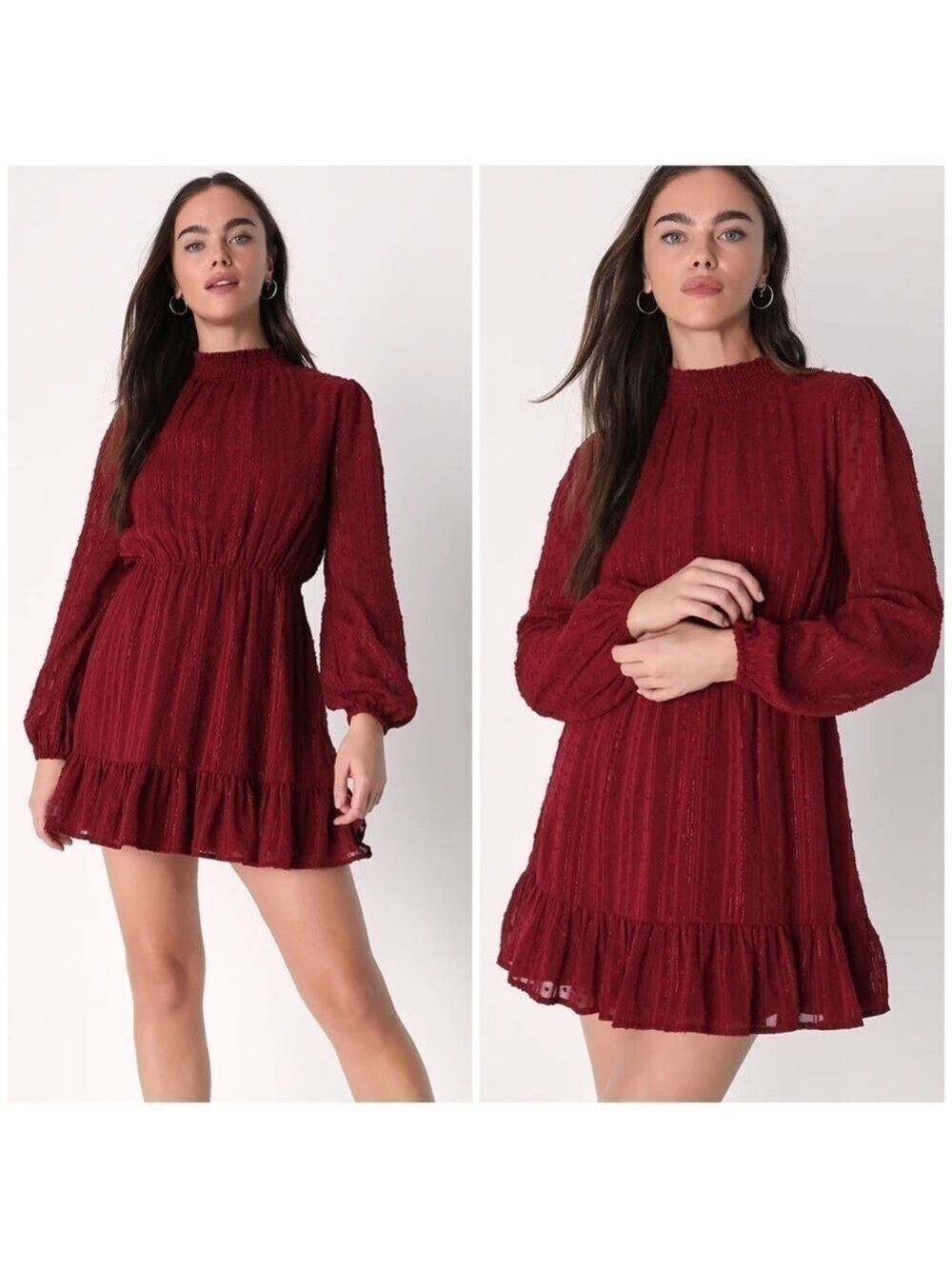 Lulu’s Cheerful Charmer Wine Red Lurex Long Sleeve Mini Dress